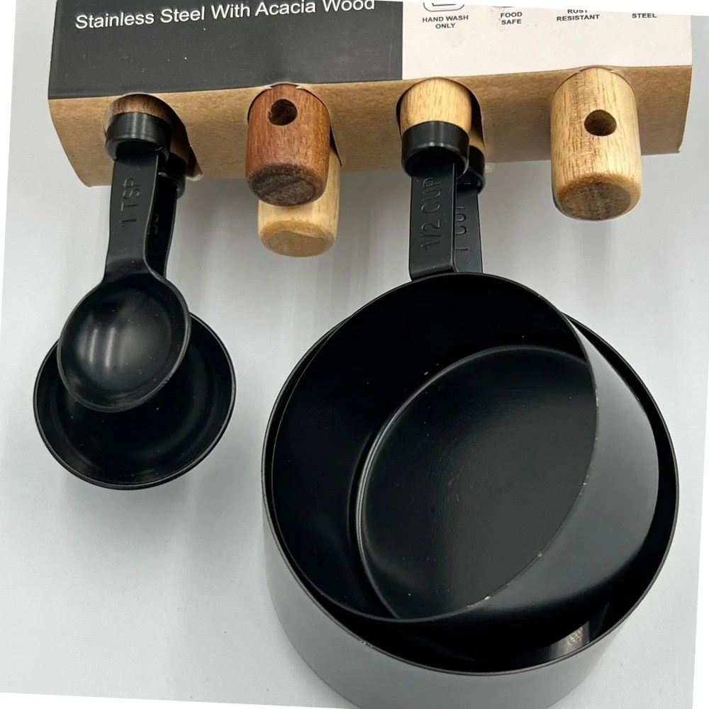 CWC Acacia Wood Measuring Cups Spoons Set 8pc Black SMS812 New
